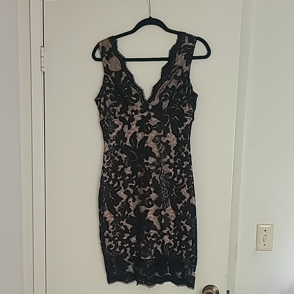 Elegant Black and Nude Sequin Lace Dress